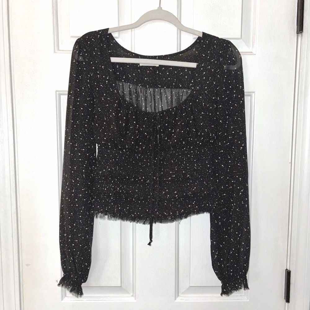 Millibon Black Spotted Smocked Cropped LS Boho Top